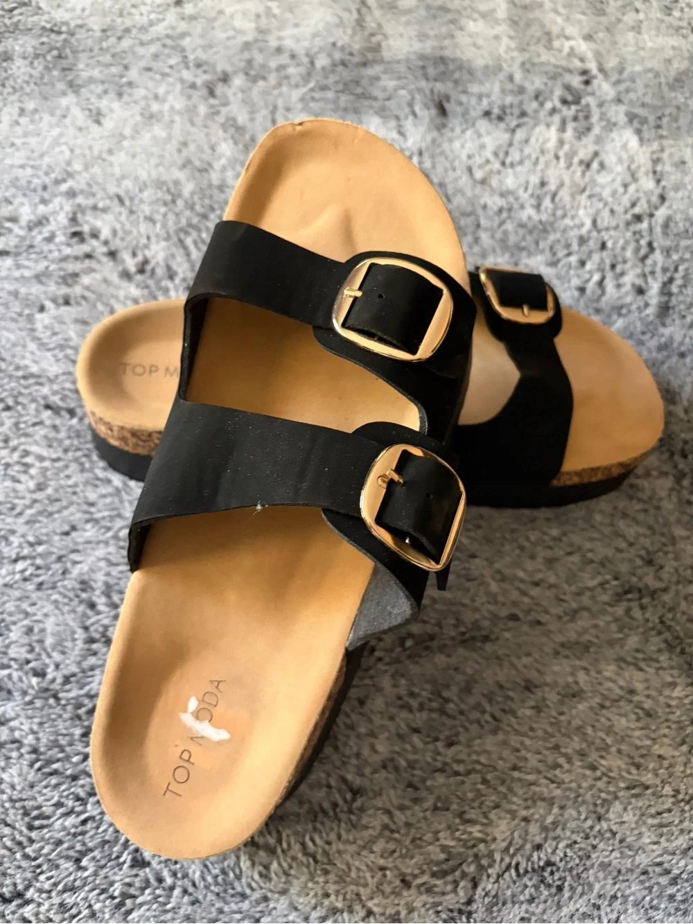 TOP Moda Black Slide Sandals with Gold Buckles